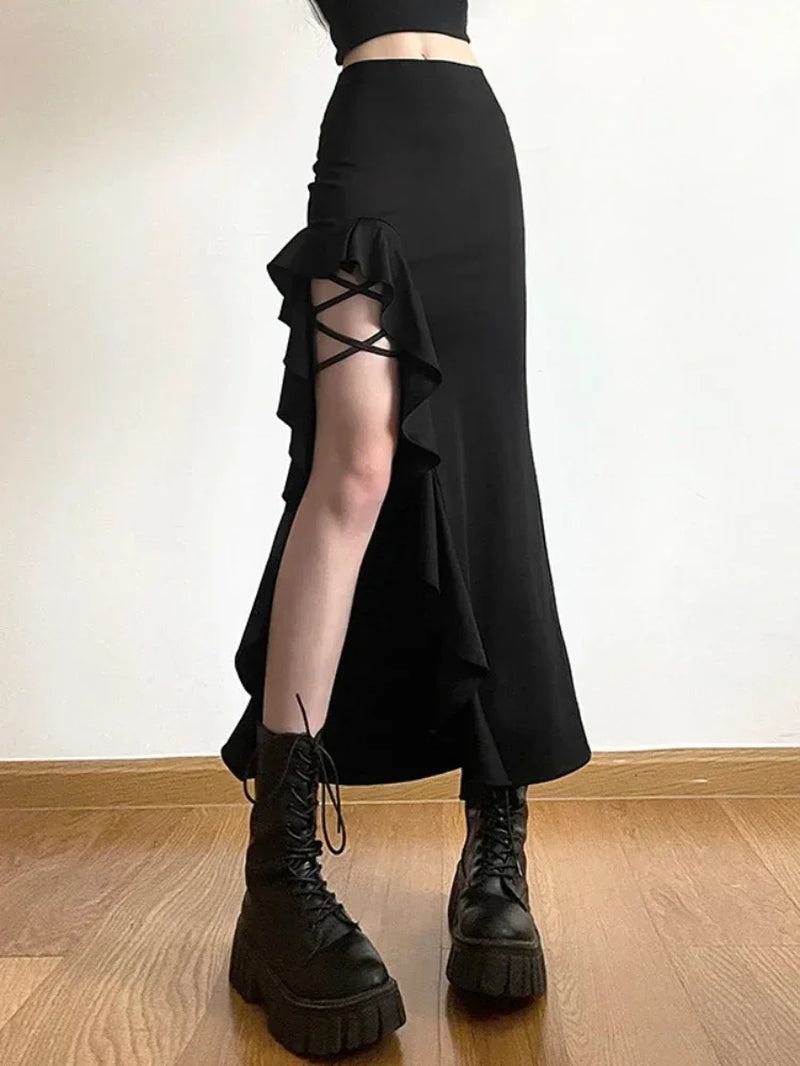 High-Waisted Half-Split Y2K Skirt Slim Skirts Streetwear Solid Micro-Pleats Bustier Skirt Evening Dresses Bandage Women Clothing